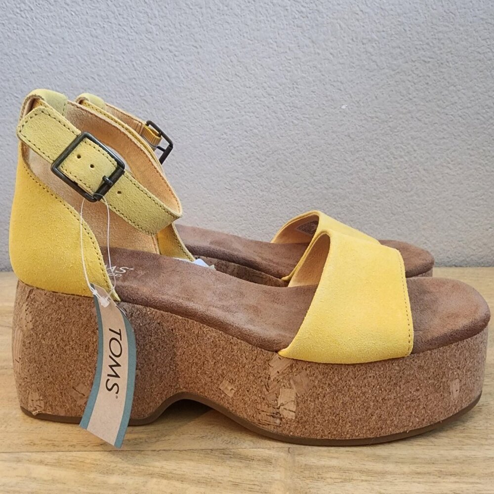 TOMS Shoes Womens Size 10 Yellow Pineapple Suede Laila Cork Platform Sandals New